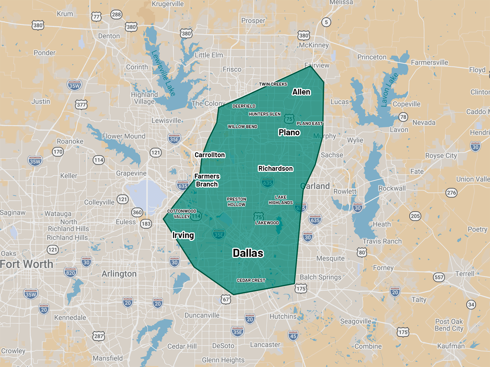 Dallas-Fort Worth Texas map highlighting suburbs