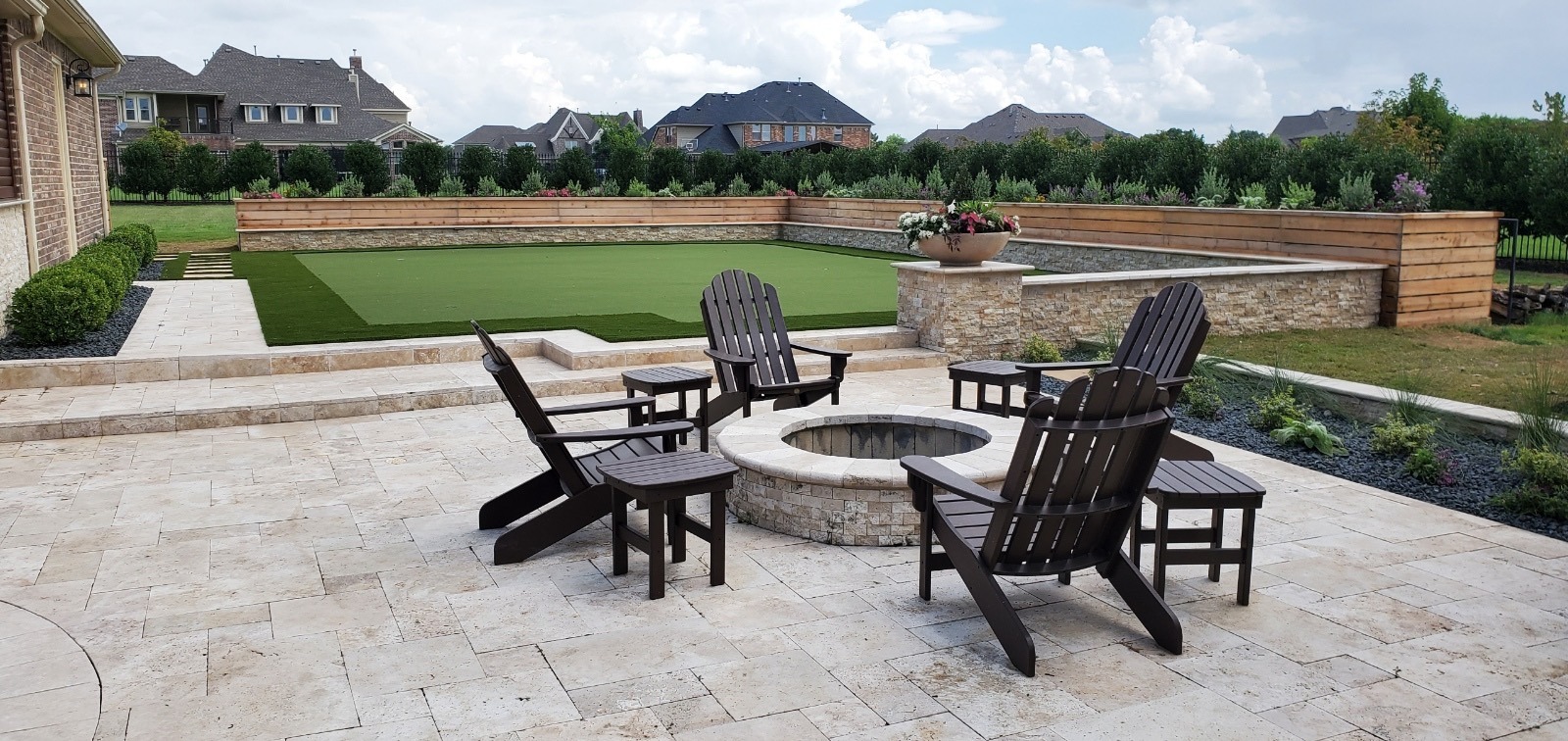 Backyard patio with fire pit and chairs